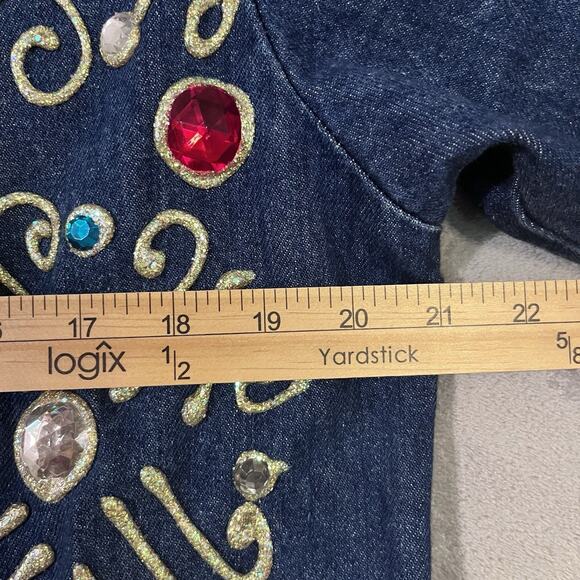 Vtg Embellished Denim Long Duster Jacket Gaudy Bejeweled Coat Women M* Heavy - Picture 7 of 12